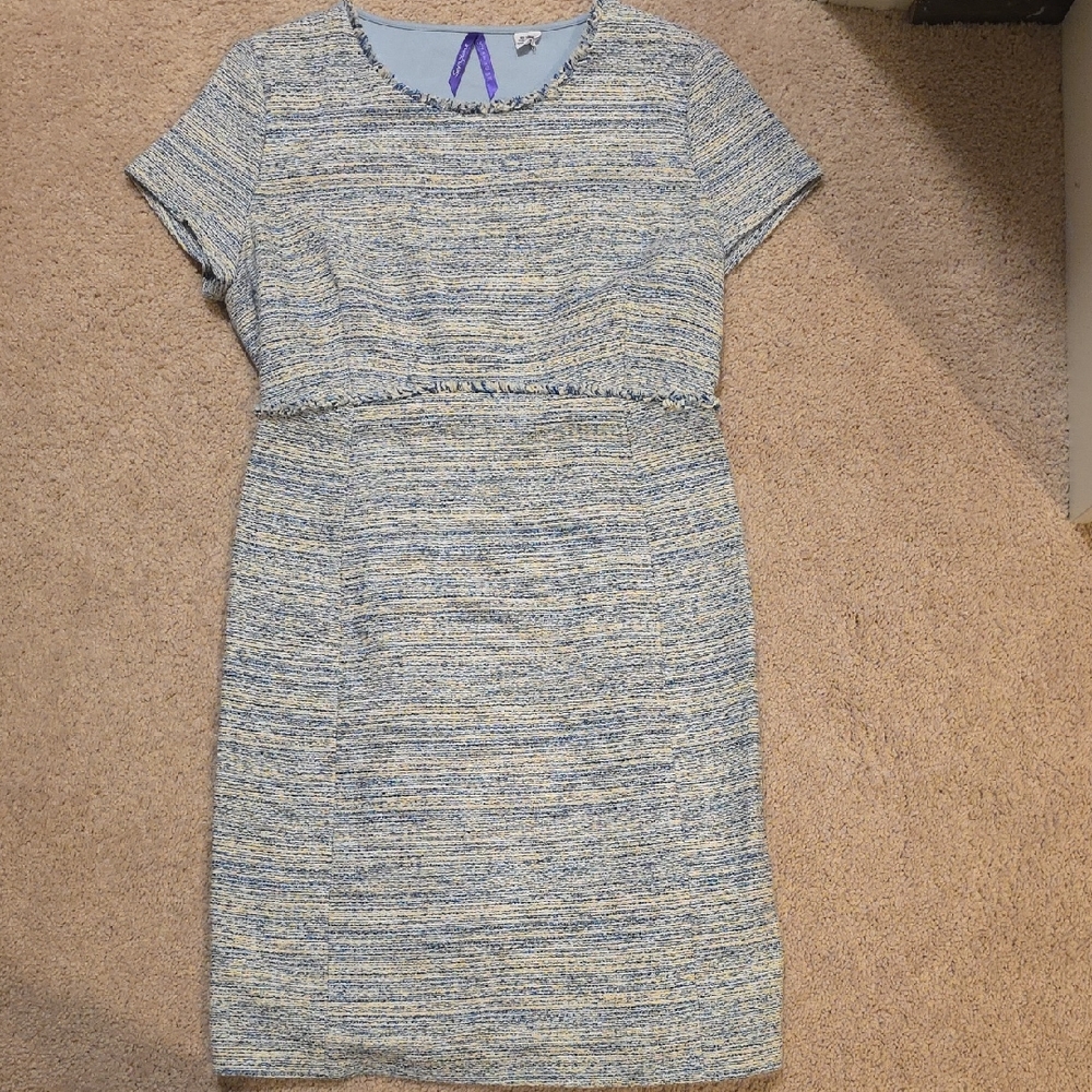 Elegant Maternity Blue and White Tweed Dress